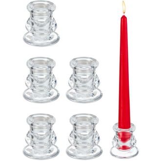 Relaxdays Relaxdays Pillar Candle Holder, Glass, Set of 6, Curved Candle Holders, Stick Candles, H x D: 5.5 x 5.5 cm, Transparent