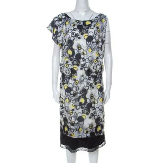 Gianfranco Ferre Gf Ferre Multicolor Circle Print Silk Lace Detail Asymmetric Shoulder Dress