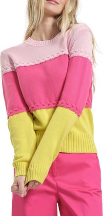 Isaac Mizrahi New York Braid Accent Colorblock Cotton Crewneck Sweater in Fuchsia/Multi at Nordstrom, Size X-Small