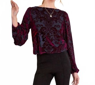 Karen Kane Blouson Sleeve Velvet Burnout Boatneck Top In Wine