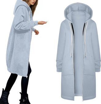Generic Longline Hoodies For Women Uk Full Zip Up Thin Fleece Hoody Jackets With Pockets Plus Size Mid-length Hooded Sweahirts With Drawstring Hood Solid Warm