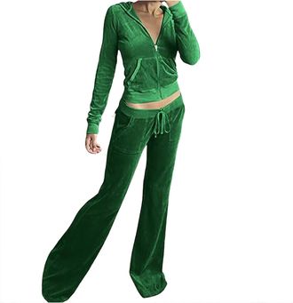 Generic Womens Velour Tracksuits Set Sweatsuit Long Sleeve Zip Up Hoodie Top and Jogging Pants 2 Piece Sports Outfits Casual Loungewear Ladies Velvet Jogger S