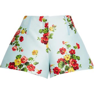 Brandon Maxwell The Cricket Floral Wool & Silk Faille Bell Shorts in Bright Blue Floral at Nordstrom, Size 2