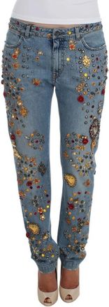 Dolce & Gabbana Crystal Roses Jeans met Hartversiering - Dames - Slim Fit Jeans - Blauw - 2XS - Katoen - Jeans