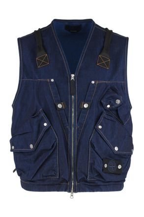 Stone Island Blue V Neck Denim Vest