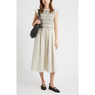Treasure & Bond Smocked Bodice Tie Back Cotton Midi Dress in Ivory- Black Wallpaper Ditsy at Nordstrom, Size Xx-Small