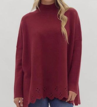 Entro High Neck Eyelet Sweater In Red
