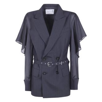 sacai Gestreepte Blazer met Riem - Dames - Jassen - Zwart - Maat: L Wol
