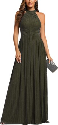 Ever-pretty Prom Dress Halter Neck Pleated Glittery Formal Evening Dress with Empire Waist Olive Green 12