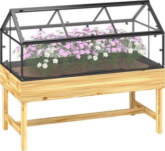 OUTSUNNY Raised Garden Bed With Polycarbonate Panel - Natural - Natural Wood Finish | TJ Hughes