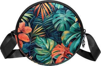 Generic Circle Crossbody Bag for Women, Tropical Plants Small Sling Bag Daypack with Zipper Adjustable Shoulder Straps Casual Ladies Girls Round Purse