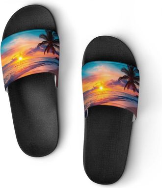 Generic Sun Sunset Beach Ocean Landscape Shower Shoes Slipper for Women Men Beach Slippers Quick Drying Non Slip Open-Toe Sandals