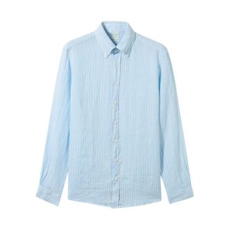 Brooks Brothers Slim Fit Gestreept Linnen Overhemd met Knopen - Heren - Casual Overhemden - Blauw - L - Linnen - Overhemden
