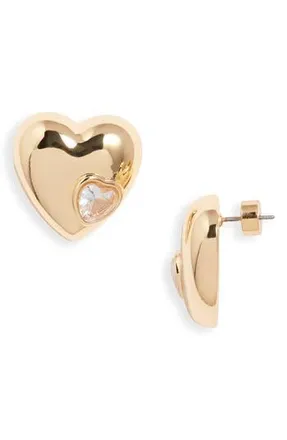 Nordstrom Puffy Heart & Stone Stud Earrings in Clear- Gold at Nordstrom Rack