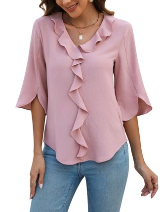 Blooming Jelly Womens Dressy Casual Blouses 3/4 Sleeve V Neck Ruffle Tops Business Ladies Summer Trendy Fashion Work Shirt, Pink, XXL