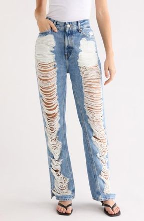 Good American The Khlo&eacute; High Waist Ripped Denim Straight Leg Jeans in Indigo1092 at Nordstrom, Size 14
