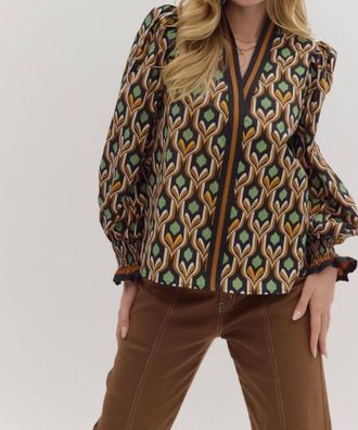 Entro Printed Stand Collar Blouse In Green