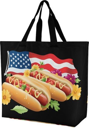 Generic Hot Dogs U.S. Flag Tote Bag Reusable Grocery Shopping Bags Large Travel One Shoulder Handbag for Picnic Work