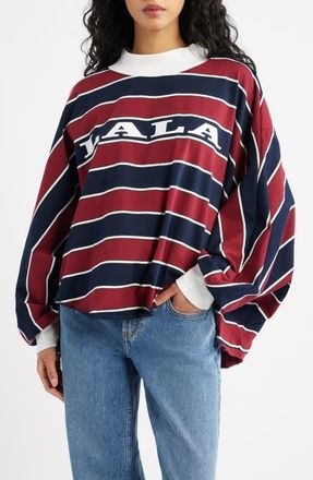 Dressed in Lala College Dropout Oversize Stripe Logo Sweatshirt in Wine at Nordstrom, Size Large