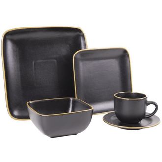 cofan Cofan - Vajilla De Ceramica De Color Negro Esmaltado De Forma Cuadrada Con Borde Vintage 20 Piezas