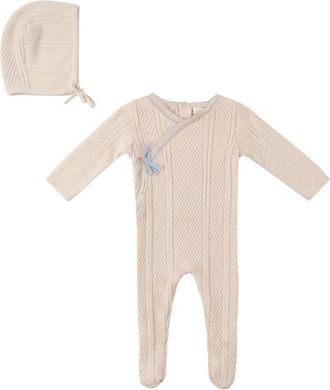 Fragile Boy Lace Textured Cotton Wrap Romper with Bonnet in Natural/blue at Nordstrom, Size 9M