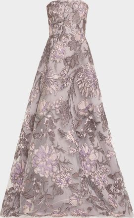 Naeem Khan Strapless Floral Raffia Embroidered Gown