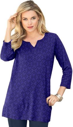 Roaman's Plus Size Three Quarter Sleeve Notch Neck Soft Knit Tunic in Navy Classic Medallion at Nordstrom, Size 44