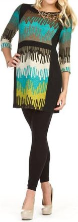 Papillon Textured Print Panel 3/4 Sleeve Shift Dress In Black / Multi