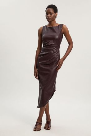 Karen Millen Womens Faux Leather Ruched Asymmetric Pencil Dress - Purple Nylon - Size 16 UK