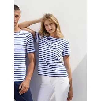 Saint James LEVANT MODERN - Breton Stripe Short Sleeve Shirt in White/royal Blue at Nordstrom, Size Xxx-Large