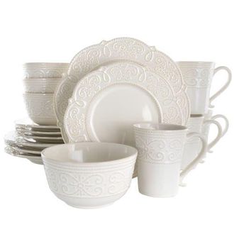 Elama Luna 16 Piece Embossed Scalloped Stoneware Dinnerware Set in White at Nordstrom
