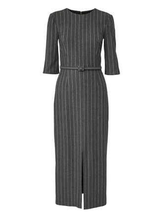 Carolina Herrera pinstripe-pattern belted midi dress - women - Lambs Wool/Elastane/Recycled Nylon/Organic Linen - 10 - Grey