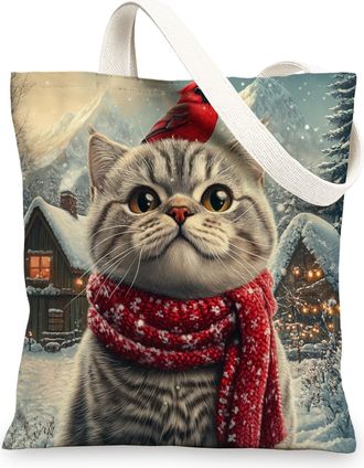 Generic Christmas British Shorthair Cat Canvas Tote Bag for Shopping 13x15, Winter Farmhouse Xmas Animal Reusable Grocery Print Bag for Women Men, Holiday Pet