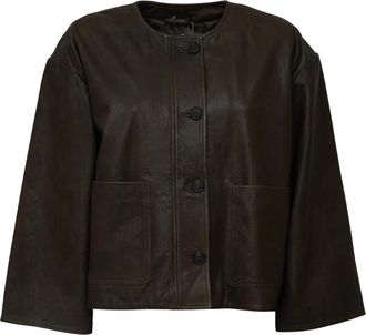 Max Mara Crewneck Boxy Jacket - Dames - Leren en Su&egrave;de Jassen - Bruin - L - Leer - Jassen
