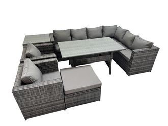 Fimous 9 Seater Patio Dining Corner Sofa Sets with 2 Chairs Big Stool in Dark Grey