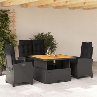 vidaXL Juego Comedor Jard&iacute;n 4 Piezas Con Cojines Rat&aacute;n Sint&eacute;tico Negro Vidaxl