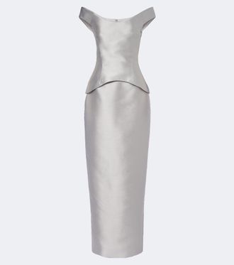 Solace London Pieta off-shoulder peplum satin gown