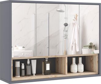 HOMCOM Bathroom Cabinet Wall Mounted Mirror Storage With Shelves Grey | TJ Hughes