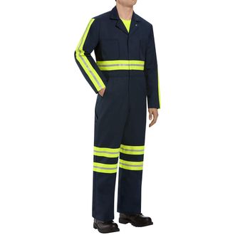 Red Kap Mens Enhanced Action Back Coverall Work Utility, Navy with Yellow/Green Visibility Trim, 40