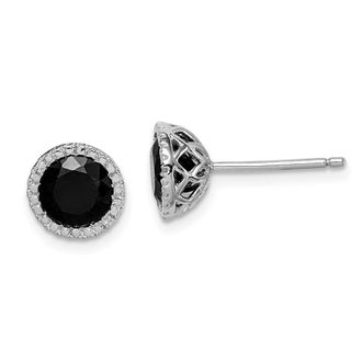 Diamond2Deal Sterling Silver Rhodium-plated Black Sapphire & Diamond Stud Earrings