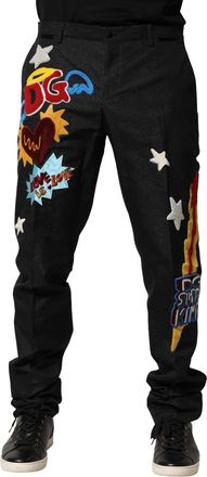 Dolce & Gabbana Mens Embroidered Patchwork Pants - Black - Size EU 52 (Mens)