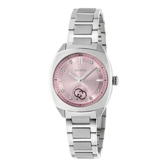 Gucci Interlocking 29mm roestvrijstalen kast- roze wijzerplaat met 8 diamanten- kleine secondeweergave- roestvrijstalen armband - Dames - Horloges - Grijs -