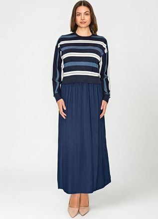 YAL New York Navy Dress with Stripe Top and Flowing Skirt