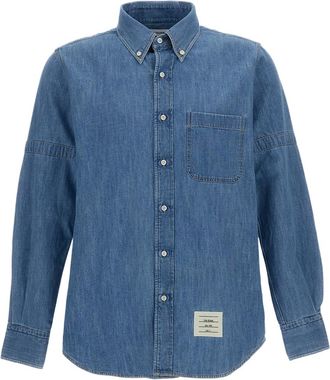 Thom Browne Blue Denim Armbands Curved Hem Casual Shirt