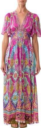 Camilla Shaped Waistband Dress With Flutter Sleeves In Concubines, Sultans & Courtiers