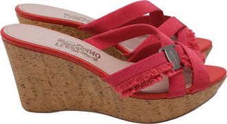 Ferragamo Criss-Cross Ribbon Wedge Sandals in Red Polyester