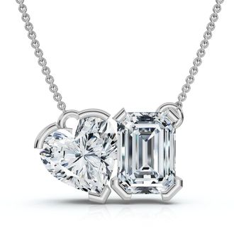 Pompeii3 2Ct Toi Et Moi Heart Emerald Diamond Pendant 14k Gold 18 Necklace Lab Grown