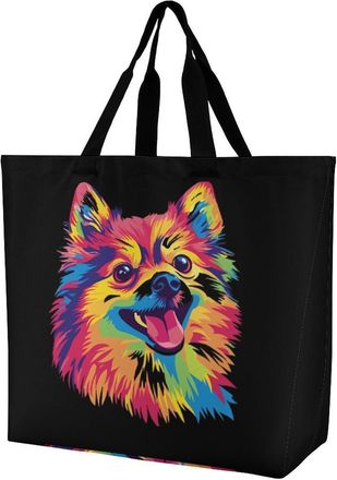 Generic Colorful Pomeranian Dog Large Reusable Shopping Bag Lightweight Foldable Tote Bags Washable Shoulder Handbag