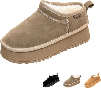 Generic New Womens Winter Platform Slippers, Genuine Suede Slip-On Ankle Boots, Warm Comfortable Plush Fur Lined House Shoes Snow Boots for Indoor Outdoor,Kha