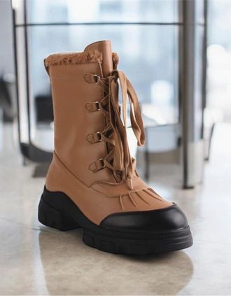 Where's That From Womens Lace-Up Ankle Winter Boots with Lug Sole - Brown - Size: 4